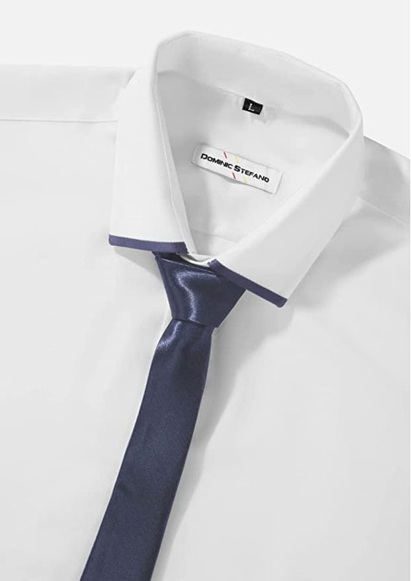 White Shiny Silk Feel Smart Casual Shirt Oxford Style with Navy Tie & Cufflinks