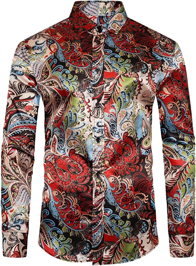 Red Shiny Paisley Floral Silk Printed Satin Feel Smart Casual Dress Formal Shirt is a Versatile and Stylish