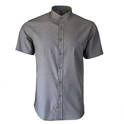 Grey Collarless Short Sleeves Smart Casual Formal Classic Summer Shirt
