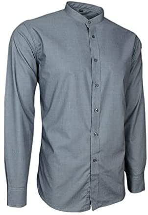 Grey Mens Grandad & Collarless Shirt Plain Soft Cotton