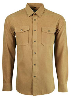 Tan Suede Long Sleeve Casual Dress Shirts Two Pockets with Close Button Down Collar