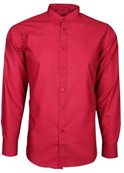 Red Mens Grandad & Collarless Shirt Plain Soft Cotton