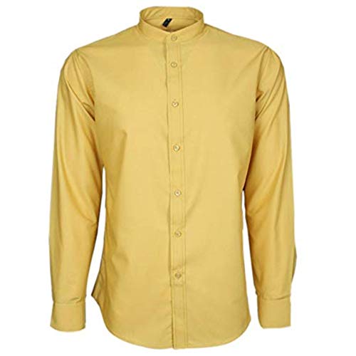 Mustard Mens Grandad & Collarless Shirt Plain Soft Cotton