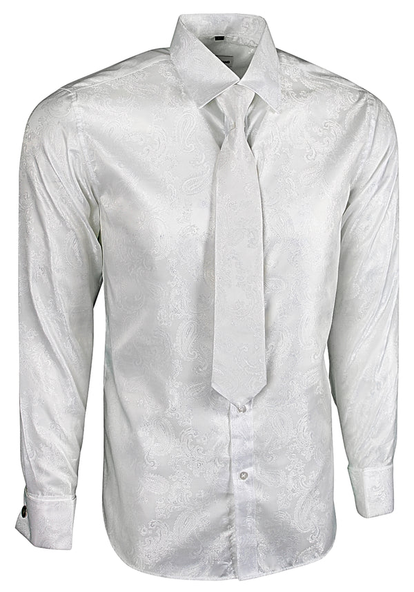 White Paisley Satin Tie Cufflink Shirt Set