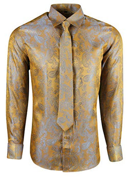 Gold Shiny Paisley Silk Feel Smart Casual Shirt with Tie & Cufflinks