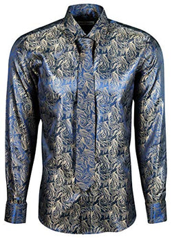 Blue Shiny Paisley Silk Feel Smart Casual Shirt with Tie & Cufflinks