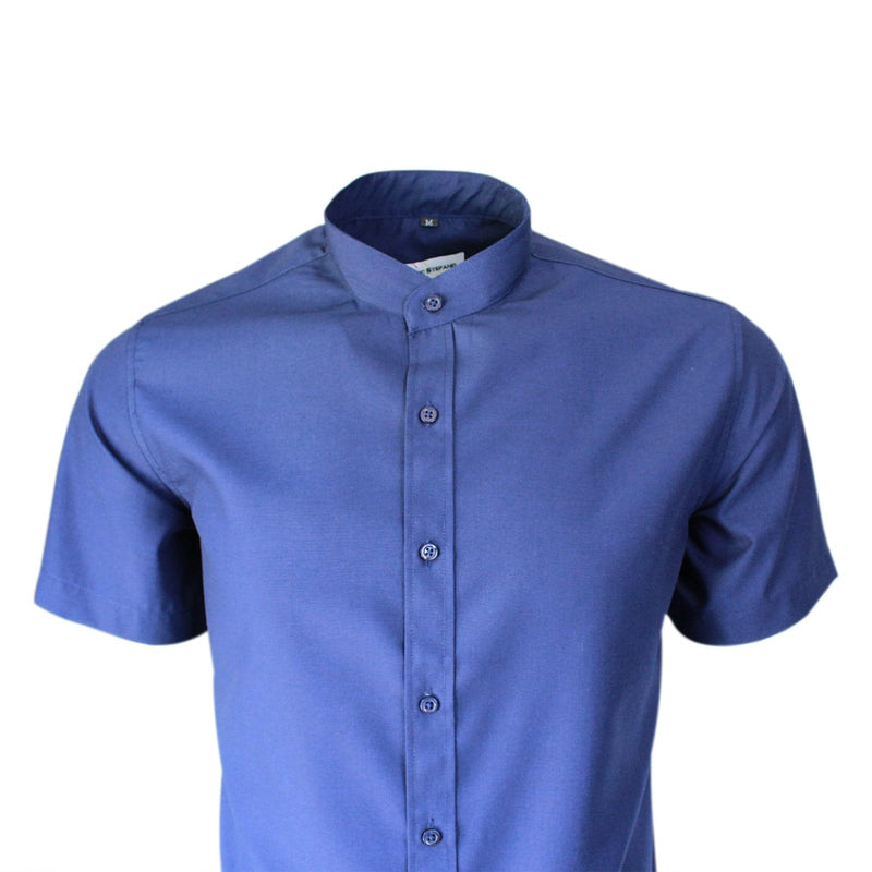 Navy Collarless Short Sleeves Smart Casual Formal Classic Summer Shirt