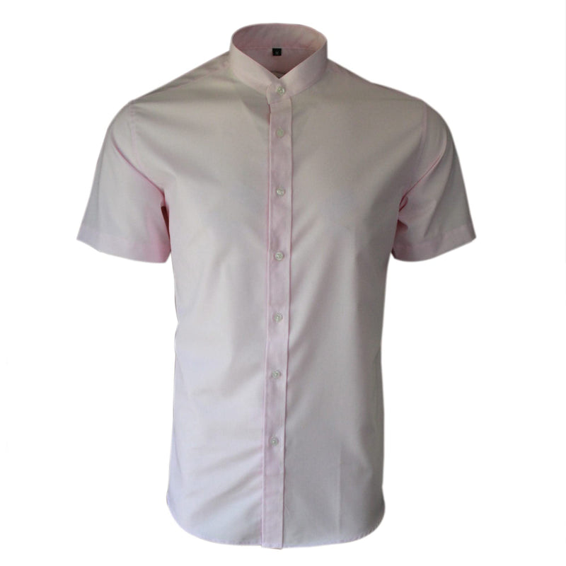 Pink Collarless Short Sleeves Smart Casual Formal Classic Summer Shirt